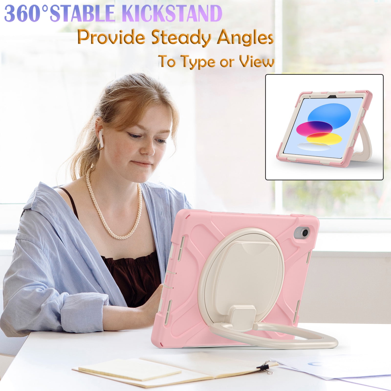 iPad 10th Generation Case 2022,iPad 10th Gen 10.9 inch Rugged Case with Screen Protector,Rotating Stand/Pencil Holder/Carrying Shoulder Strap - Sakura Pink