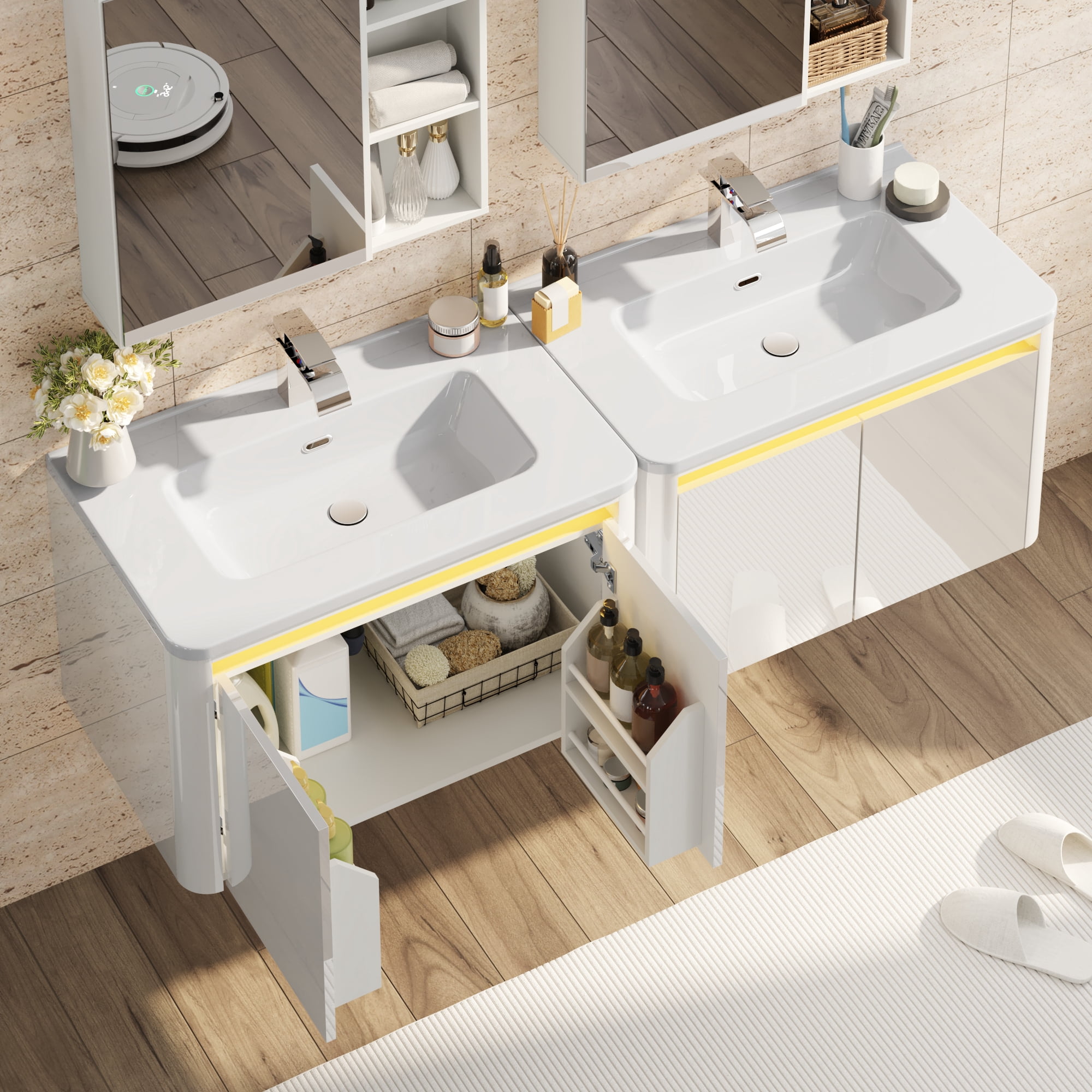 ANPOO 30 Inch Bathroom Vanity with Sink and Mirror Medicine Cabinet,Modern Floating Bathroom Storage Cabinet with 2 Soft Closing Door