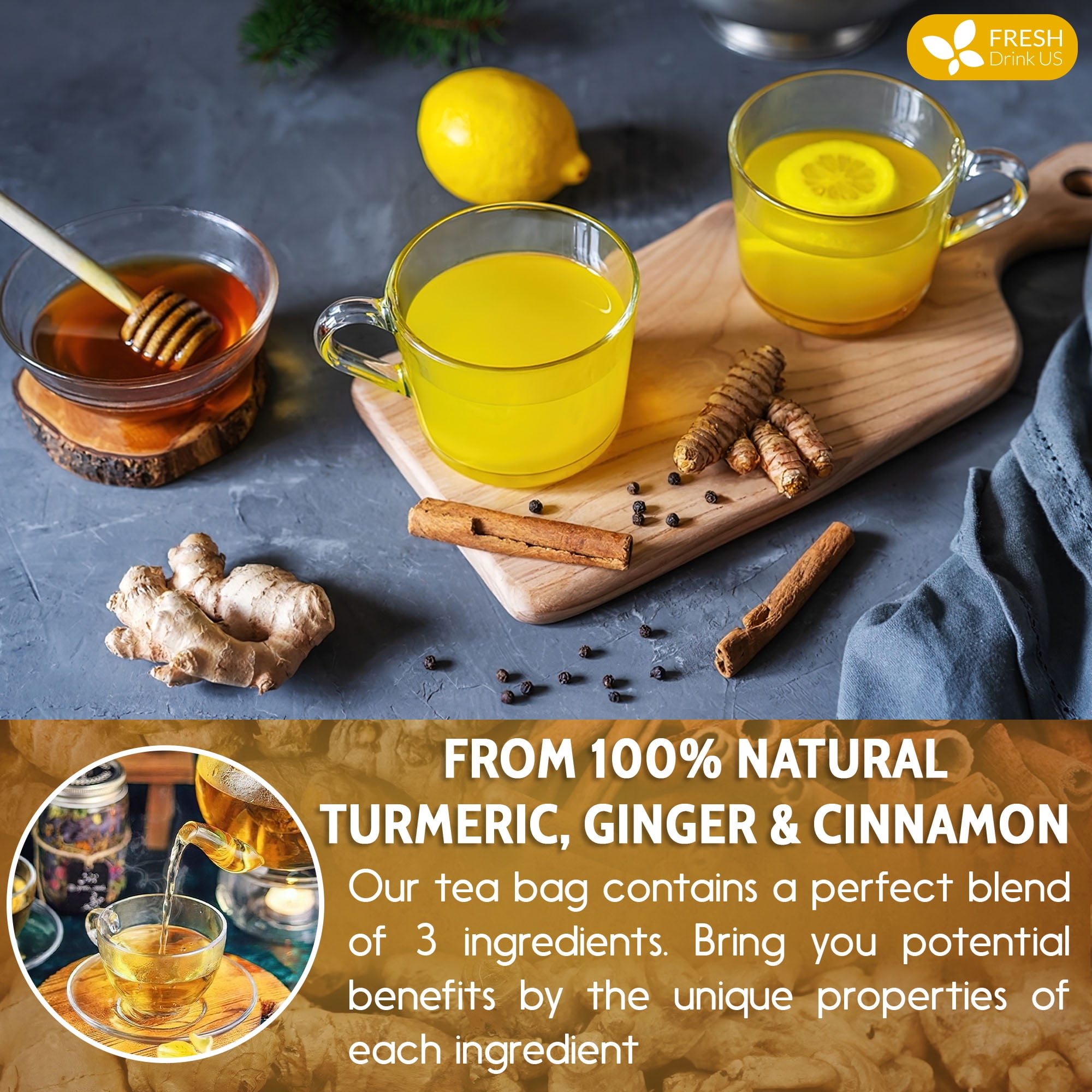 Special 120 Tea Bags Turmeric Ginger Cinnamon, 100% Natural, Hand-made Blend of Turmeric, Ginger, and Cinnamon. Eco-conscious Tea Bags. Herbal Tea, No Sugar, No Caffeine, No Gluten, Vegan.