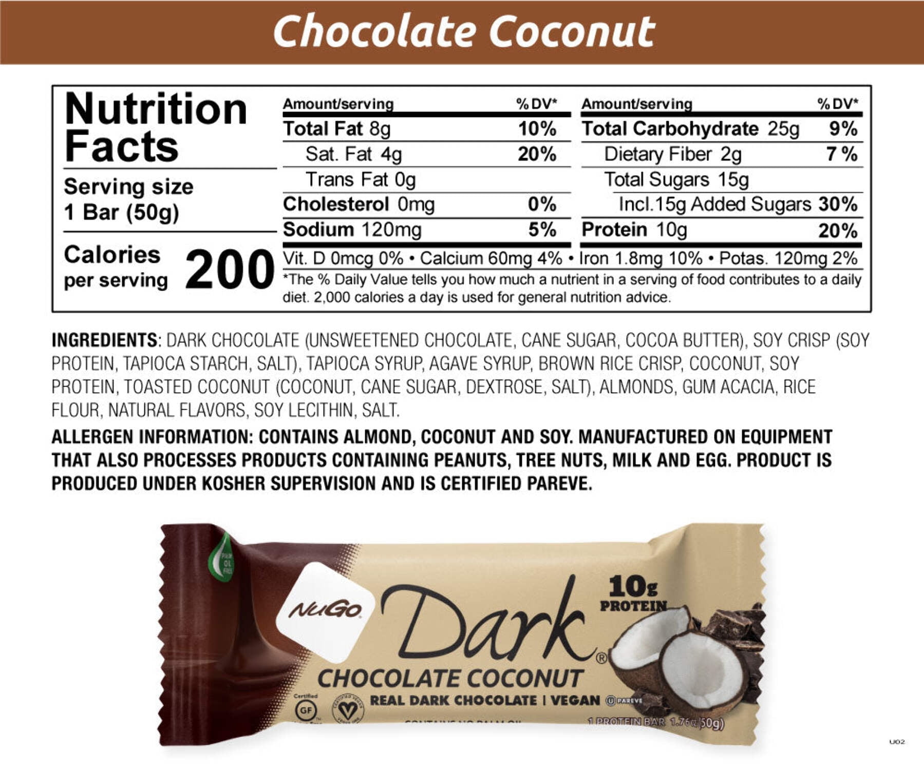 NuGo Dark Chocolate Coconut, 10g Vegan Protein, Gluten Free, 12 Count
