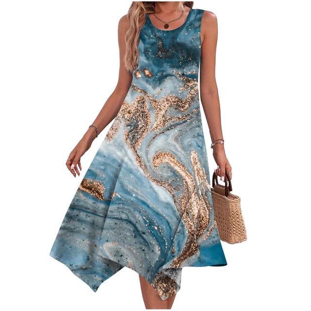 Fankiway Robe d'Été Décontractée Sans Manches pour Femmes, Robe Longue avec Ourlet en Mouchoir, Robe de Plage avec Poches, Robes d'Été pour Femmes en Liquidation, Robes pour Femmes Grande Taille en Liquidation