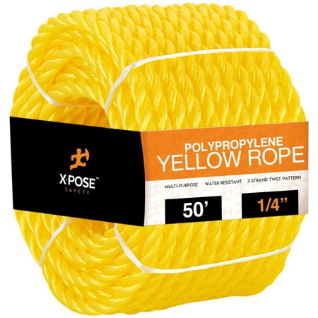 

50 ft Twisted Polypropylene Rope - 1/4 - Yellow Floating Poly Pro Cord - Resistant to Oil Moisture Rot Mold Marine Growth and Chemicals - Reduced Slip Easy Knot Flexible - by Xpose Safety