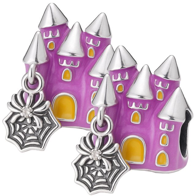 Dije casa embrujada morado CharmHauntedHouse 2Pzas Plata S925 Chapa Charm Separador Casa embrujada con araña Morado/Amar