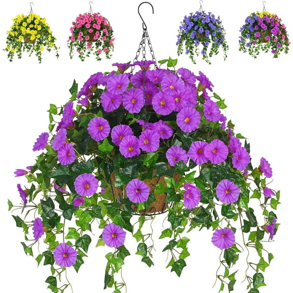 Artificial Hanging Plants Outdoors, Fake Artificial Hanging Baskets with Flowers, Faux Silk Flowers for Front Porch Patio Outside Urn Fillers Spring Summer Decor (Purple)
