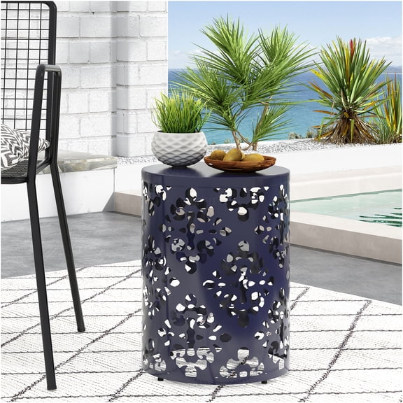 JERFIT Outdoor End Table, 18 Inch Round Metal Side Table for Patio, Navy Blue Accent Table with Iron Floral Cut-Out Design, No Assembly Required