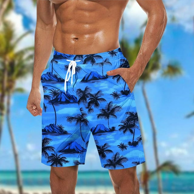 Sentmoon Men's Shorts Lightweight Tropical Palm Leaves Print Drawstring High Waist Swim Shorts Side Pockets Straight Wide Leg 2025 Summer Board Shorts Stylish Father for Leisure Wear Dark Blue M