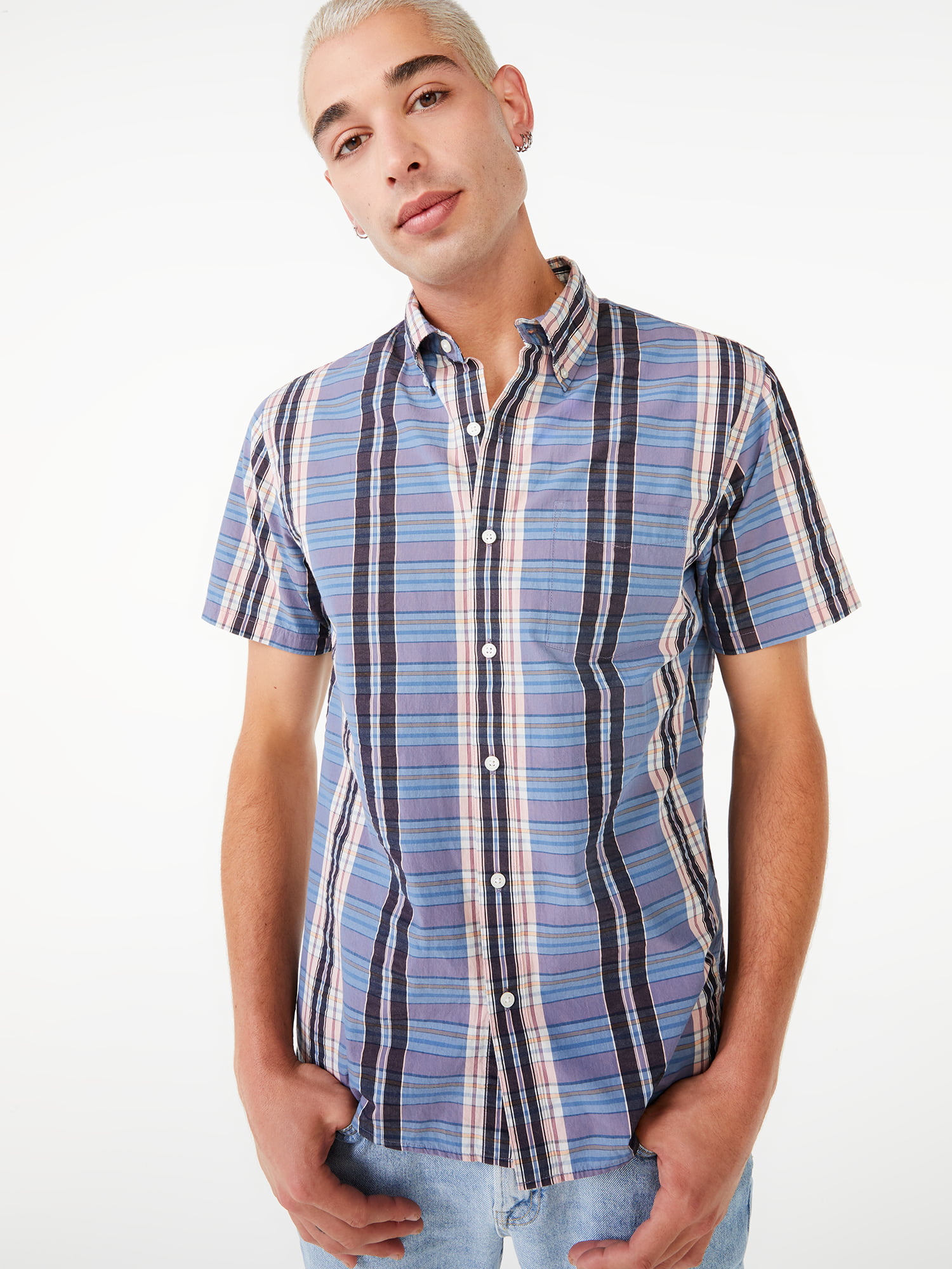 Freely Mens Summer Short-Sleeve Plus Size Print Button Down Shirt