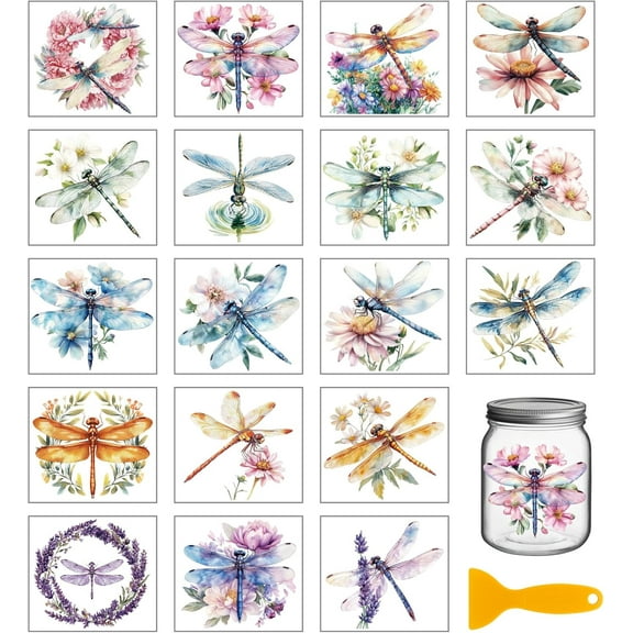 18 Sheets Dragonfly Rub on Transfer 3.9x3.6inch Colorful Insect Flowers Vase Home Decals Cup Transfer Stickers for Furniture Vase Glass Art Crafts Decorations Mixed Color