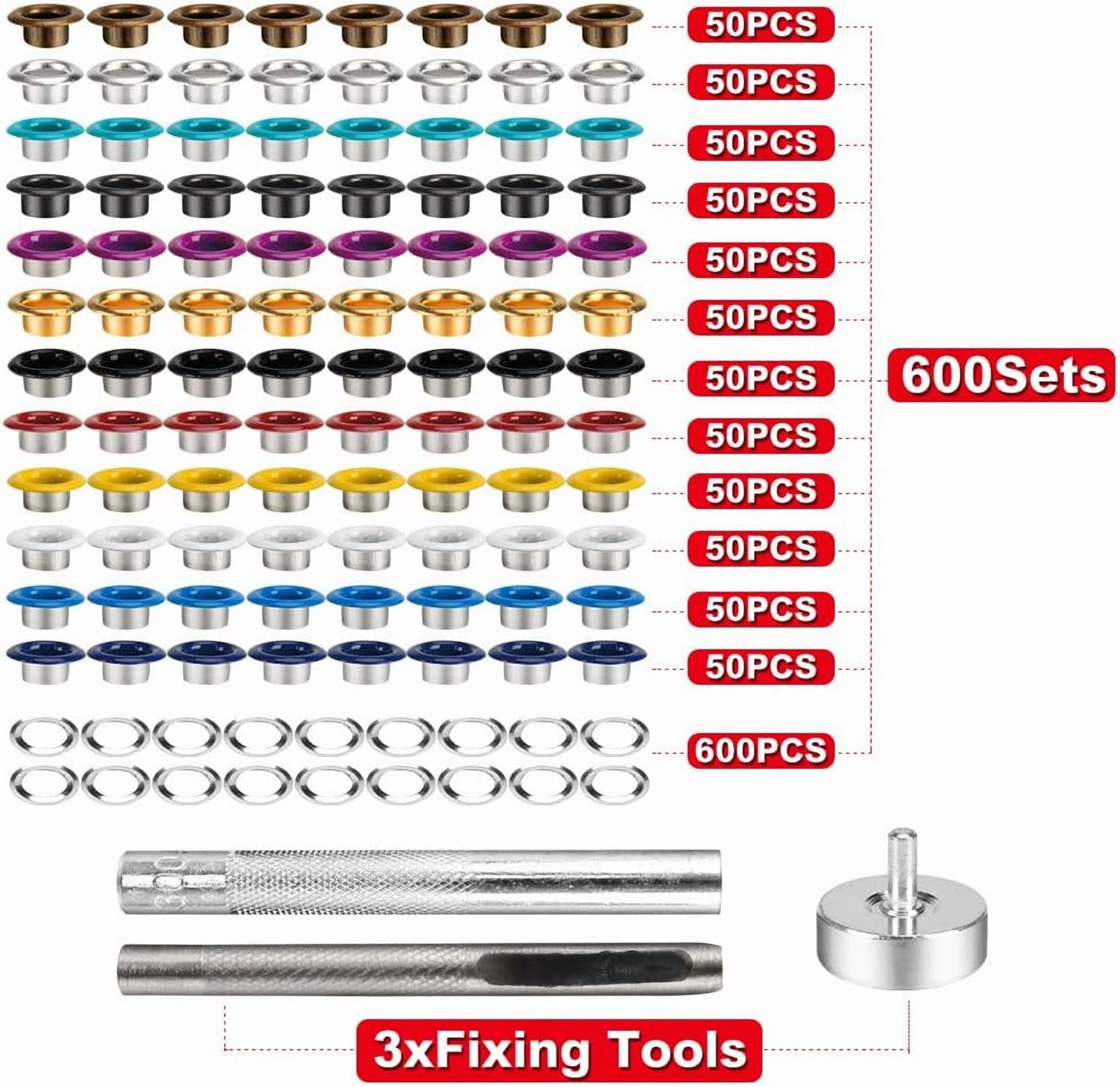 ABCISI Metal Eyelets, 600Pcs 12 Colors 3/16 inch Metal Grommets Kit, Multi-Color Grommets Kit, Metal Eyelets Set with 3 Pieces Installation Tool and Storage Box for DIY Shoes Clothes Crafts Bag