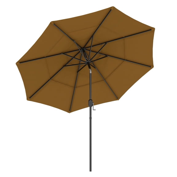 SAZYY 9FT 3-Tier Tan Patio Umbrella with Crank & Push Button Tilt, Outdoor Umbrella for Deck, Backyard, Lawn Sun Shade