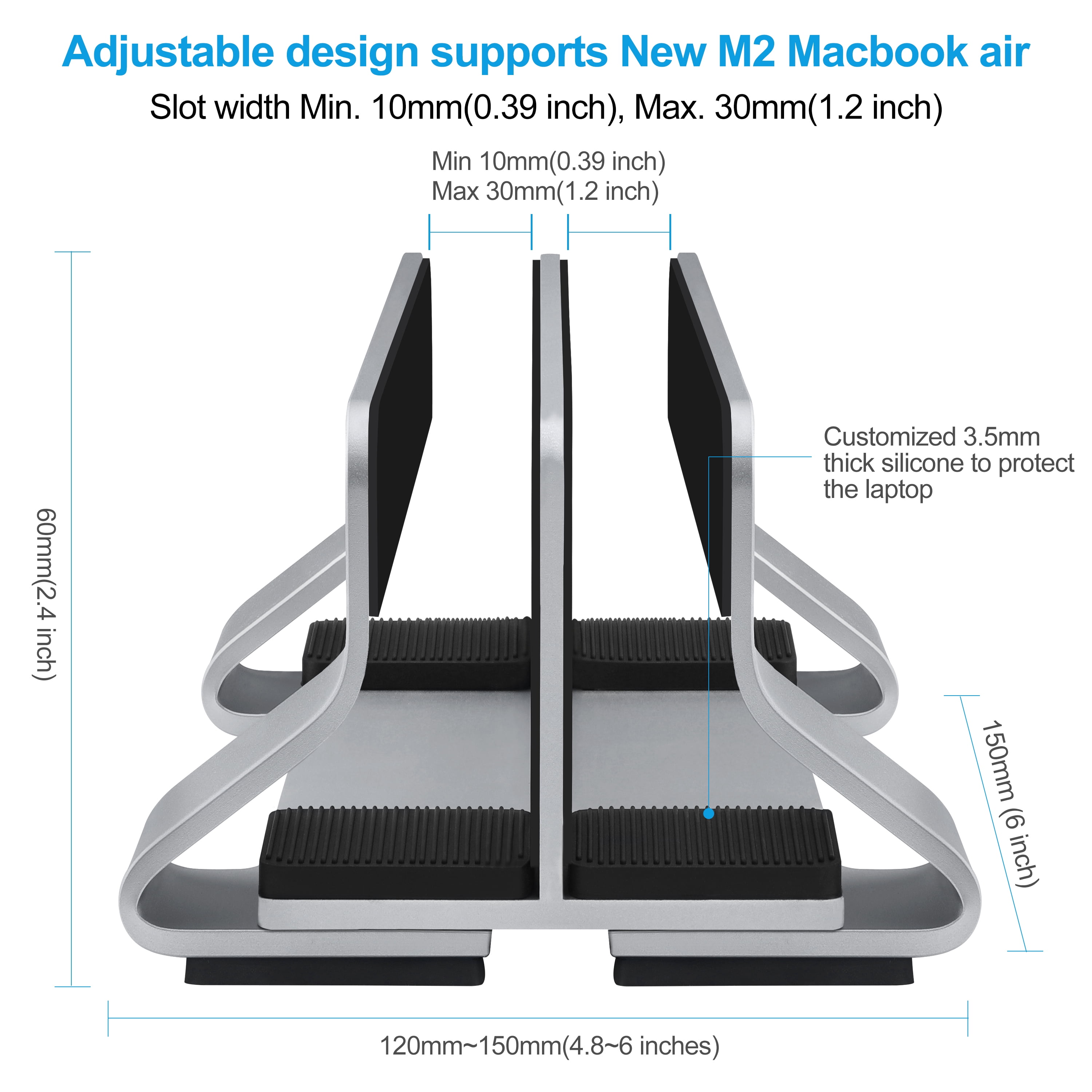 Laptop Stand Vertical Tool-Free Adjustable Aluminum Vertical Laptop Stand Holder Width From 0.47-1.18inch(12-30mm) Support for Almost All Laptop Space Grey 2 Slots