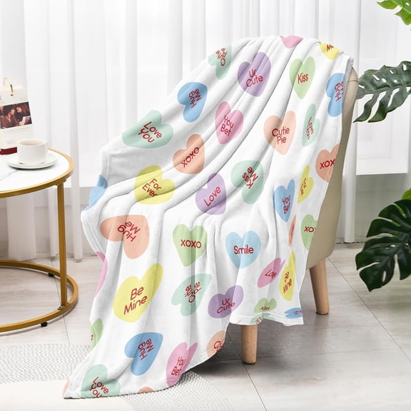 Valentine's Day Throw Blanket for Bed,50x60 Inch, Colorful Candy Heart Cute Love Romantic Words for Lover Couples Lovely Kawaii Romance Holiday Soft Cozy Flannel Blankets for Sofa Couch Chair