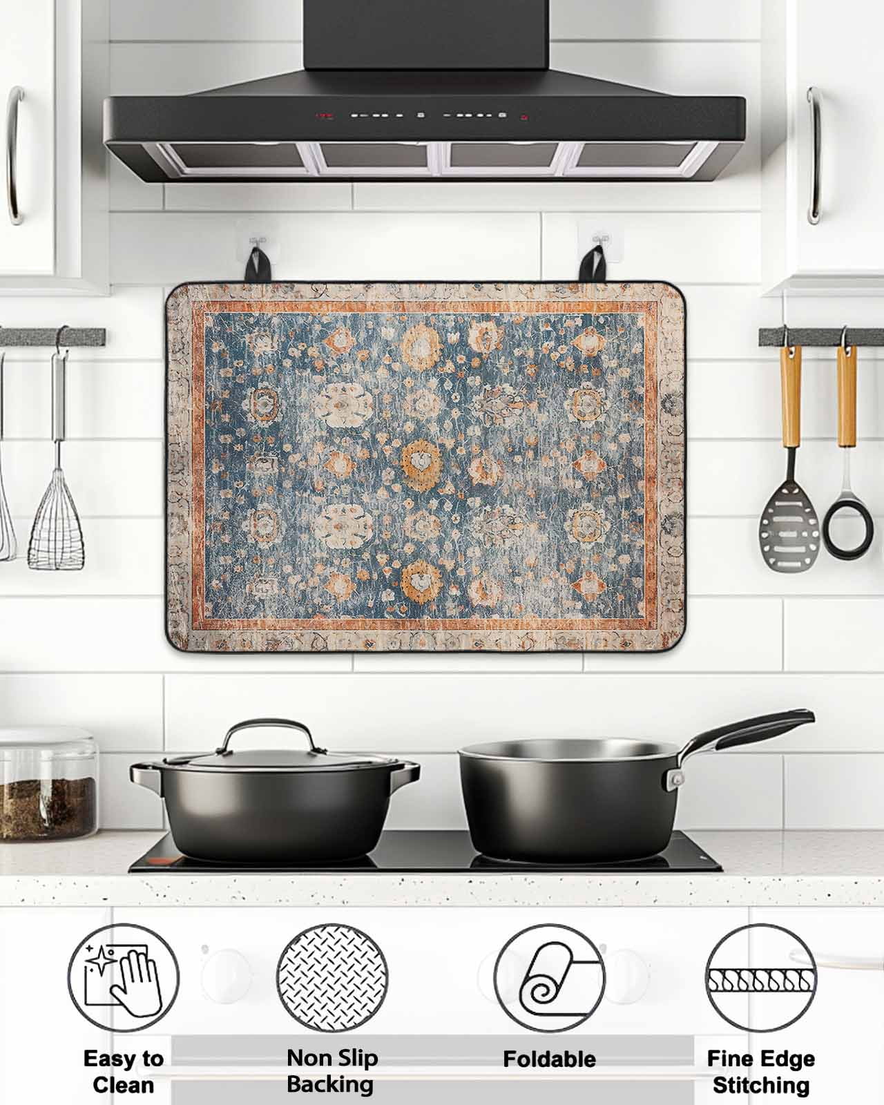 Stove Top Covers for Electric Stove, Blue Beige Vintage Glass Stovetop Cover Protector, Modern Geometric Abstract Art Ethnic Induction Cooktop Protector Oven Mat for Kitchen Countertop 24"x21"