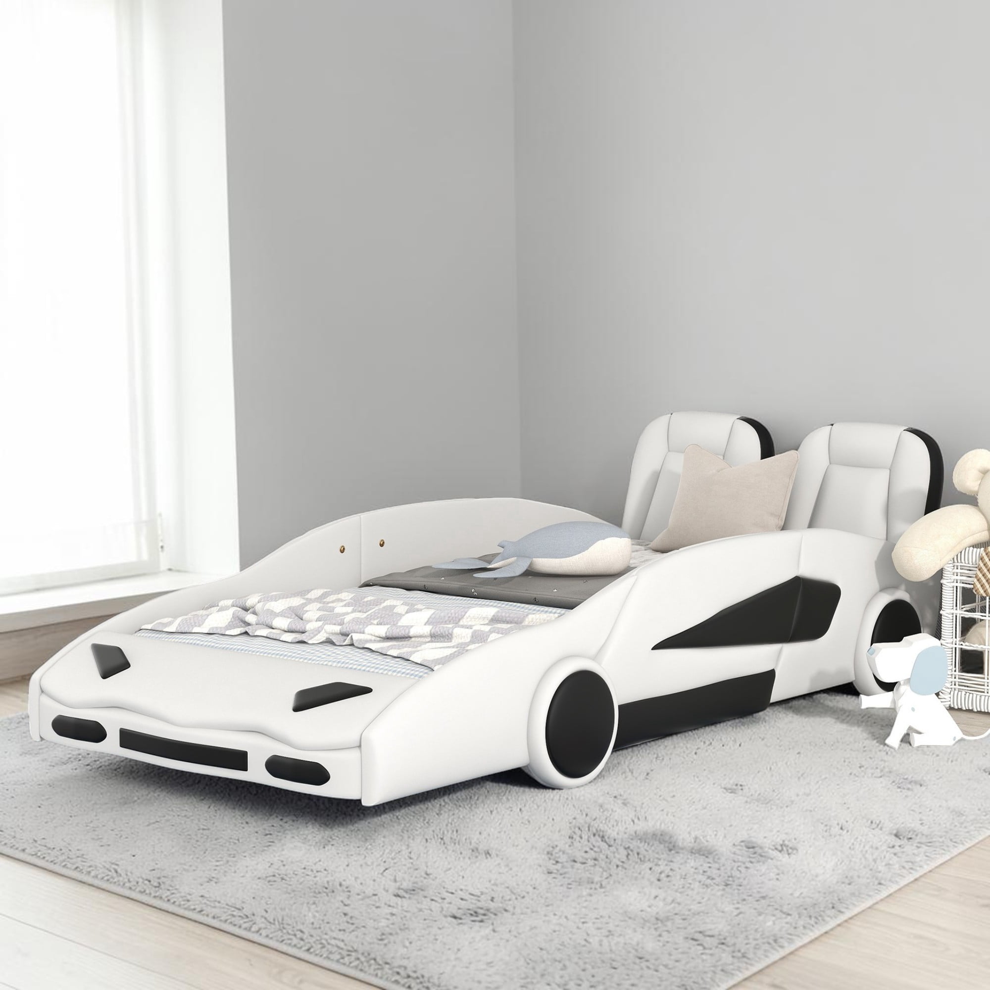 Tcbosik Twin Size Race Car-Shaped Platform Bed, Faux Leather Upholstered Bed Frame, Wood Slats Support, Easy Assembly, White