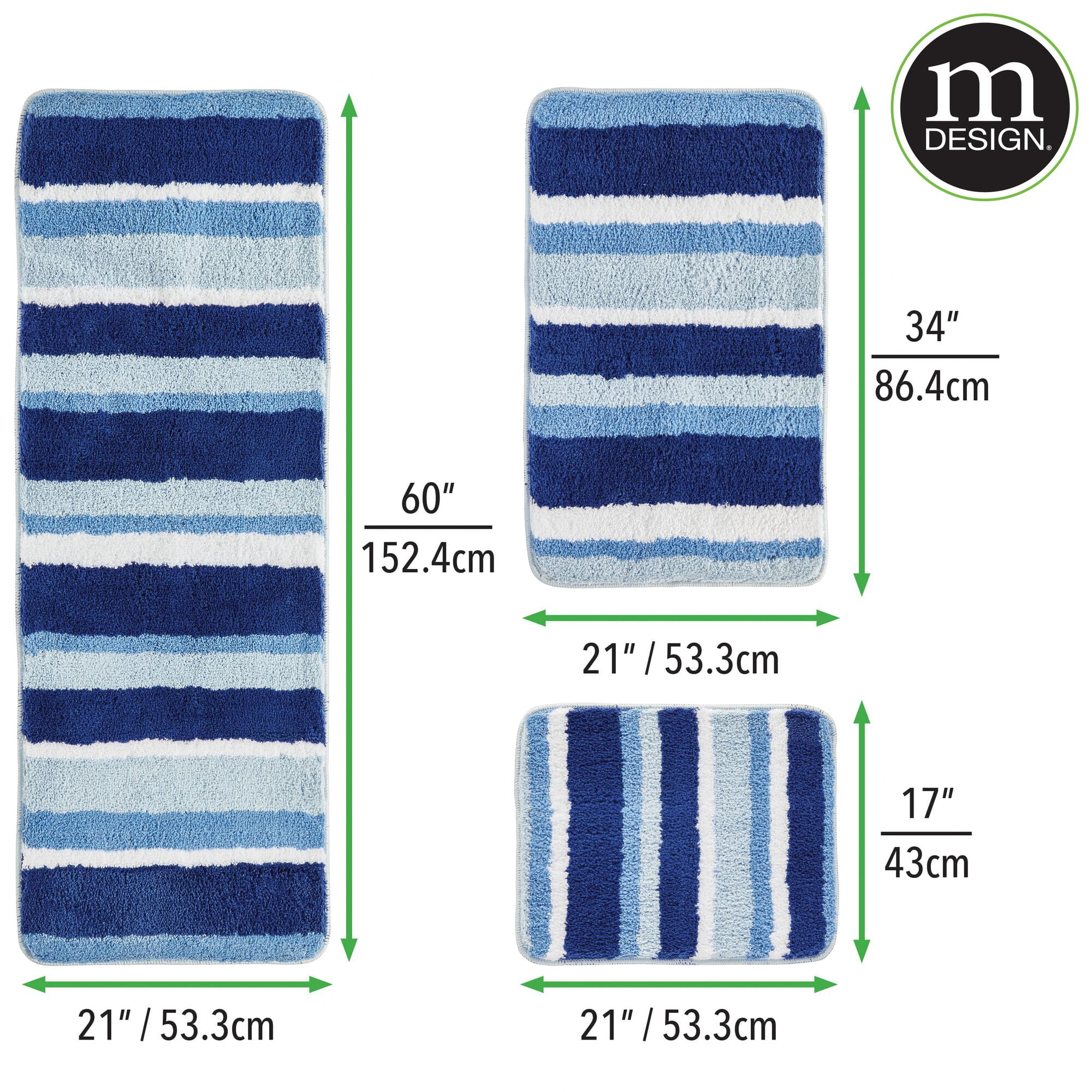 mDesign Striped Microfiber Bathroom Spa Mat Rugs/Runner, Set of 3 - Blue