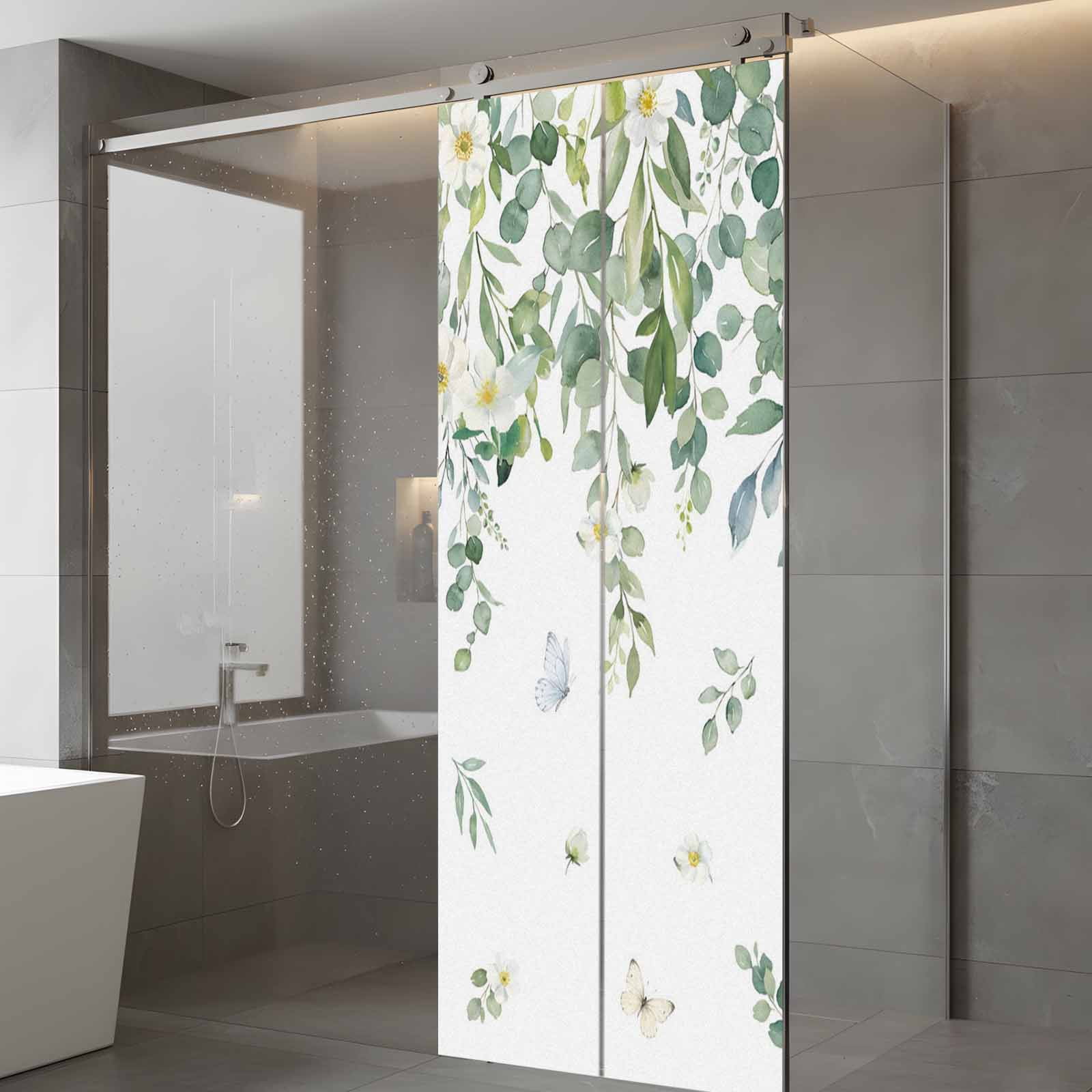 Summer Botanical Window Privacy Film, Watercolor Eucalyptus Leaves Farmhouse Frosted Glass Window Clings Static Cling UV Heat Blocking Reusable Door Sticker for Bathroom 23.6 x 59 Inch