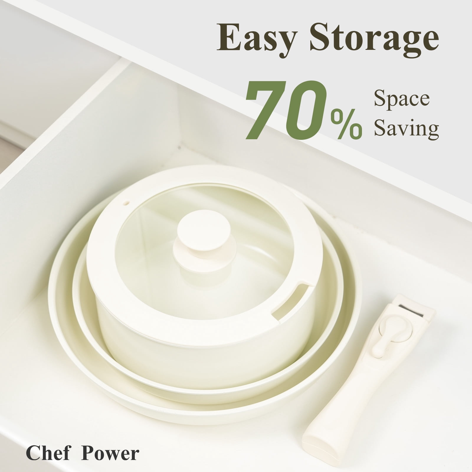 Chef Power 5pcs Pots and Pans Set, Nonstick Cookware Set, Ceramic Pan, Detachable Handle, RV Cookware Set, Induction Pan, Dishwasher, Oven Safe, Cream White