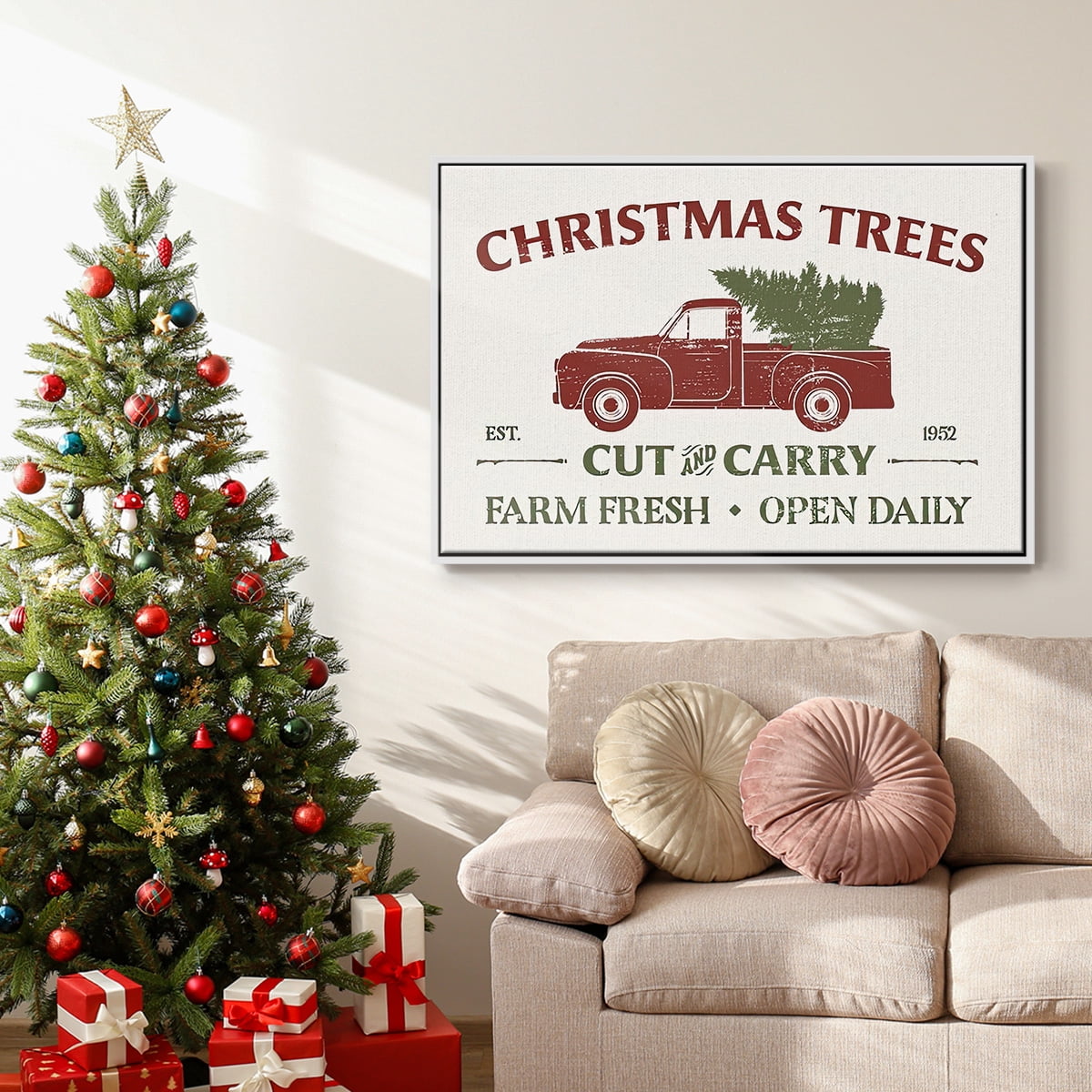 Christmas Farm Sign Collection A - Framed Gallery Wrapped Holiday Canvas - 27 x 41 - White Frame