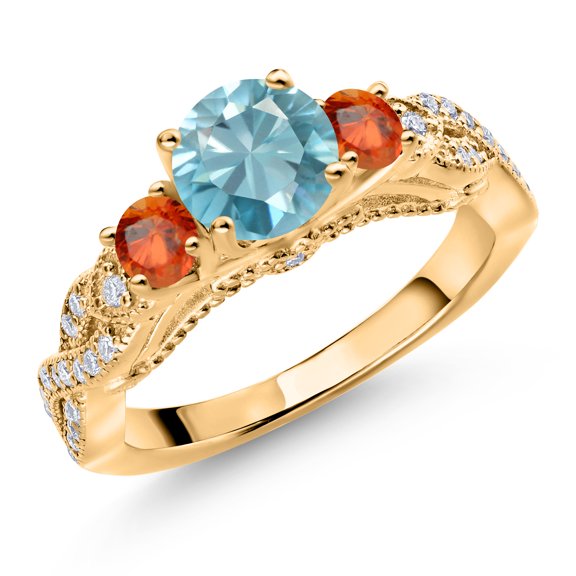 Gem Stone King 18K Yellow Gold Plated Silver Blue Zircon Orange Sapphire and White Moissanite Engagement Ring for Women (1.79 Cttw, Gemstone December Birthstone, Round 6MM and 3MM, Size 6)