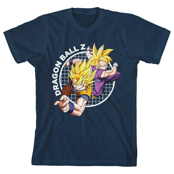 Dragonball Z Father and Son Attacking Grid Youth Navy Blue Short Sleeve Crew Neck Tee-Medium