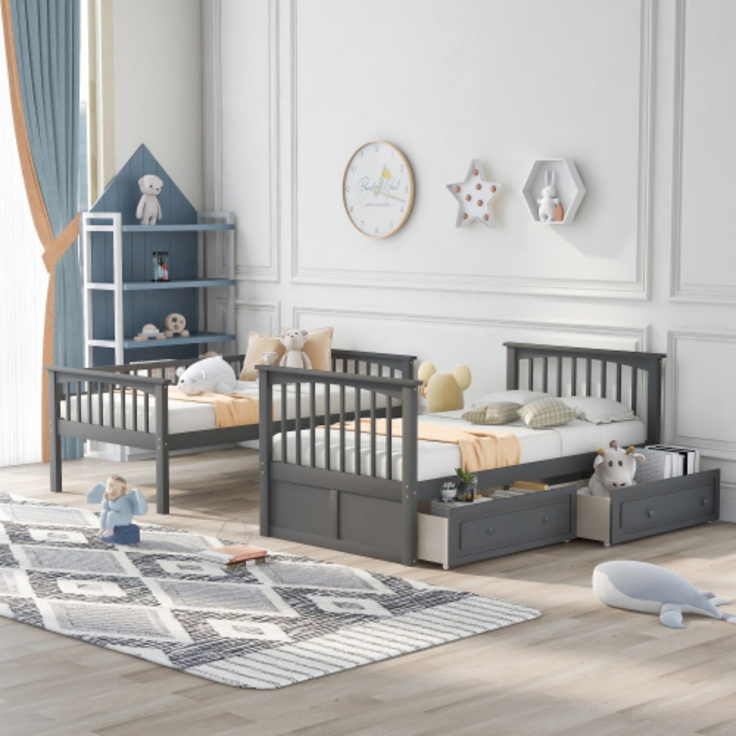 Twin Over Twin Bunk Bed with Storage Drawers, Convertible Wood Bunk Bed with Safety Guardrails, Solid Pine Wood Kids Bed Frame for Bedroom, Gray