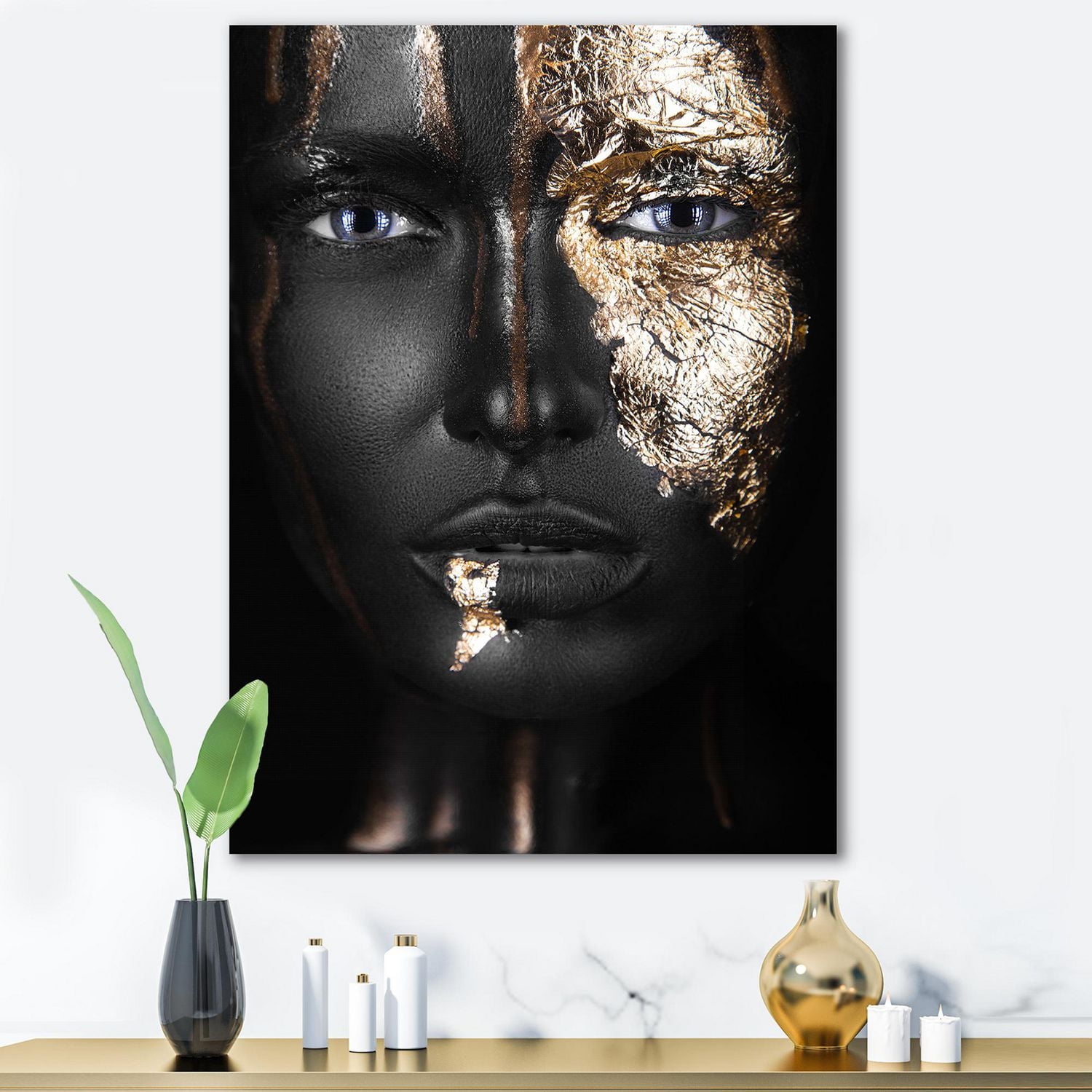 Designart Portrait of A Afro American Girl with Gold Makeup Canvas Wall Art