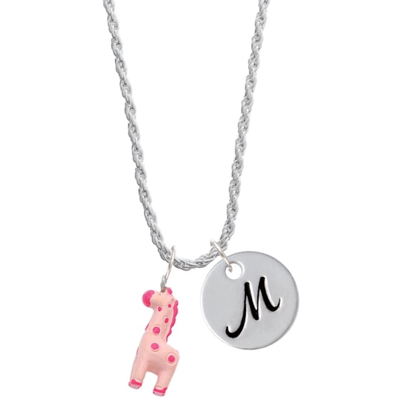Delight Jewelry Resin Pink Geronimo the Giraffe Silvertone Script Initial Disc - M - Charm Necklace, 20"+3"