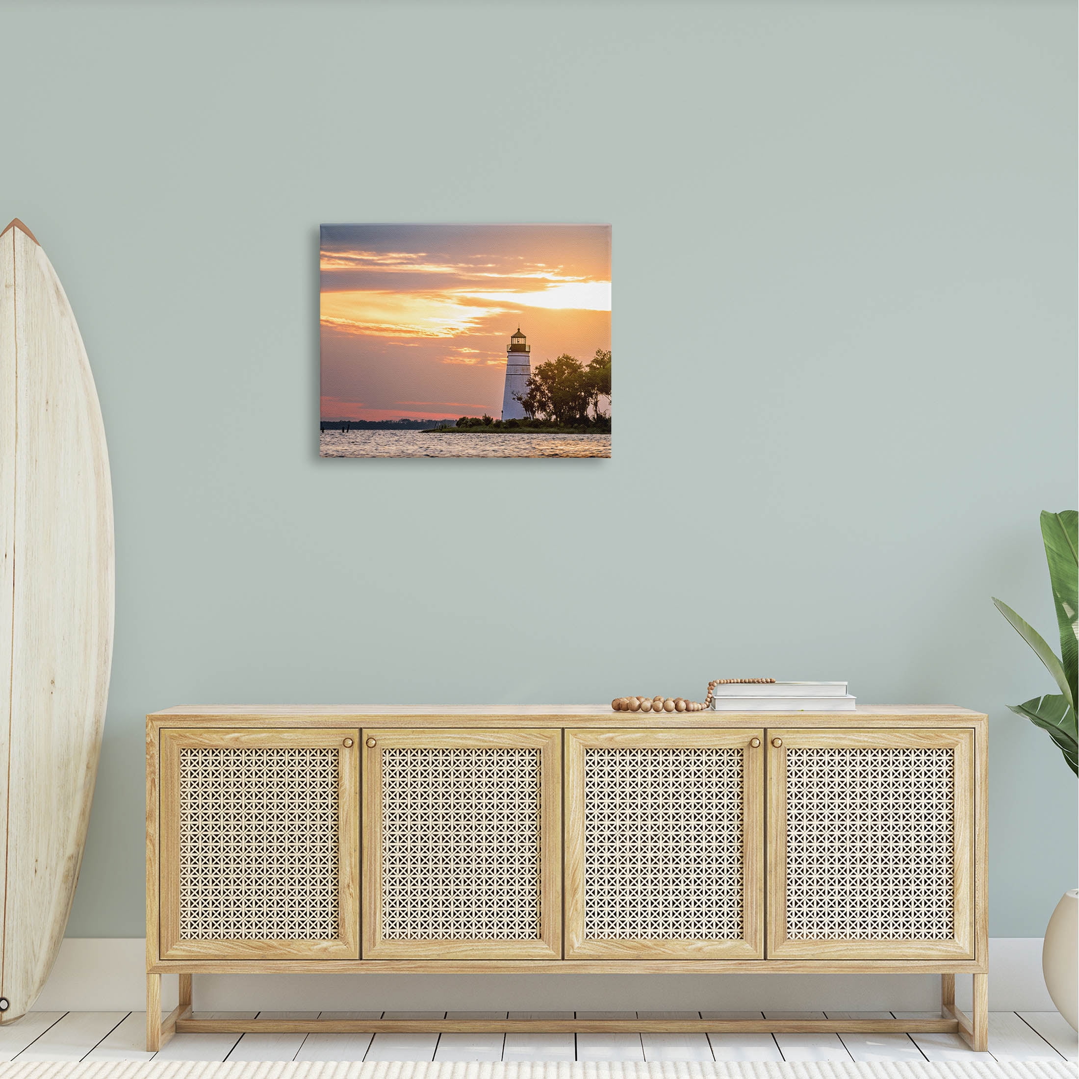 Nautical Lighthouse Sunset Horizon Coastal Photograph Gallery Wrapped Canvas Print Wall Art