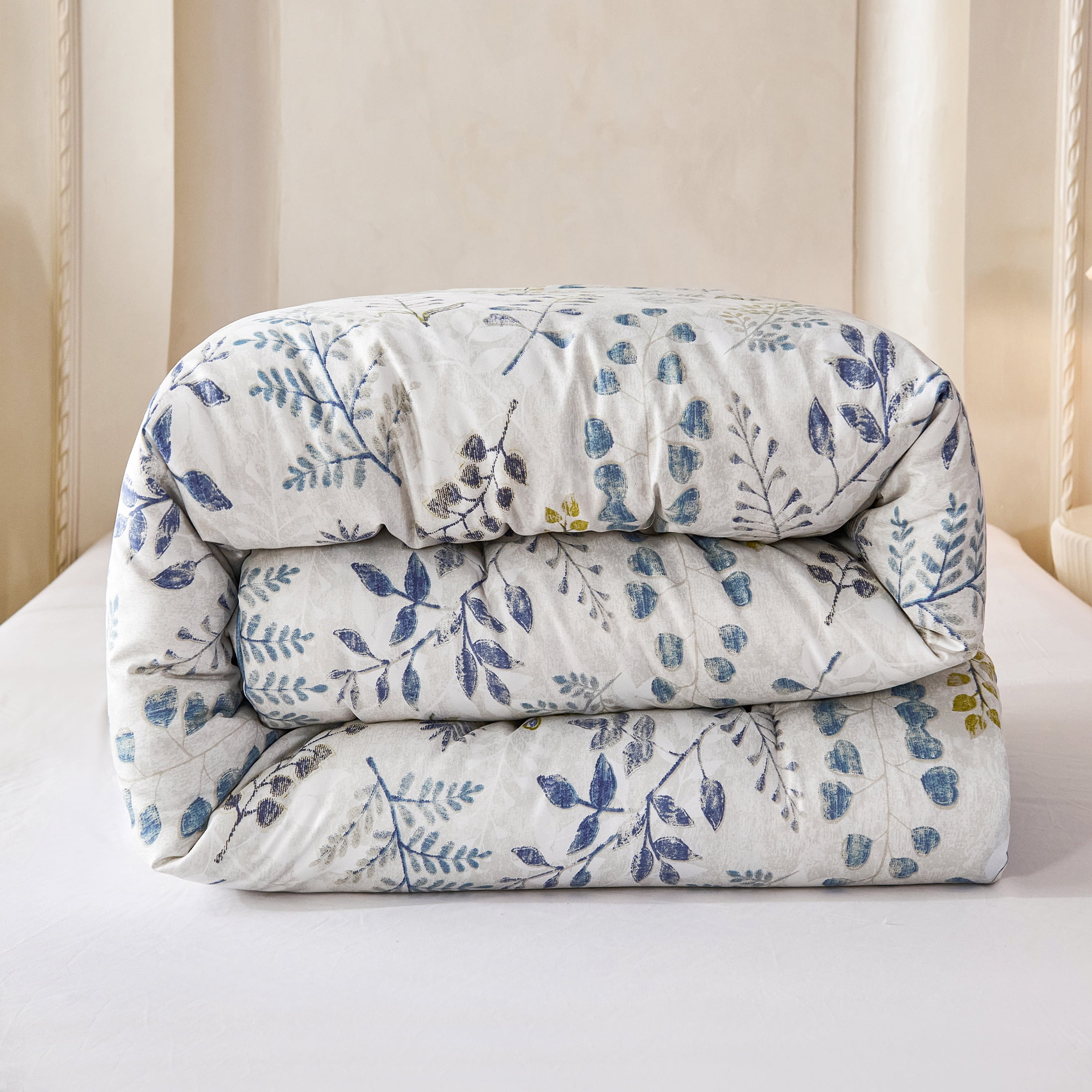2-Piece Floral Comforter Set Twin Size, Blue and Light Gray Botanical, Soft Microfiber All-Season Bedding for Adults & Teens
