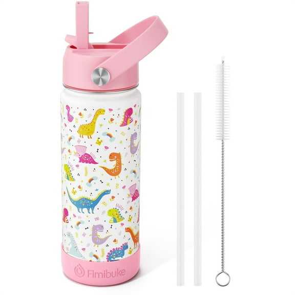 Kids Water Bottle with Straw,18 oz Kids Insulated Cups with Stainless Steel Leak Proof for School Boys Girls | BPA FREE, White Dinosaur
