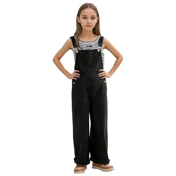 WERYOUNG Girl's Rompers Solid Color Sleeveless Square Collar Kids Casual Loose Fit Denim Overalls Jumpsuit Outdoor Activities Soft Breathable Onesie