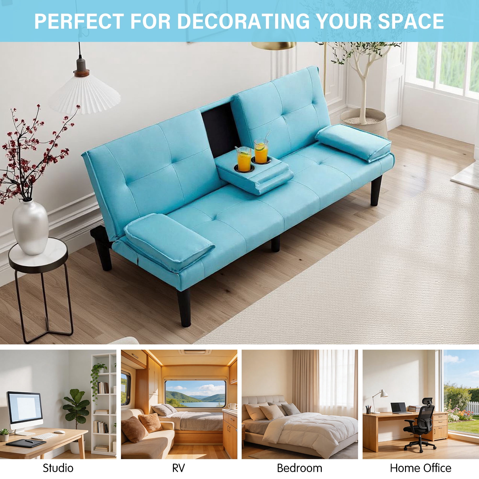 CARZZI LIFE Futon Sofa Bed PU Leather Modern Convertible Futon Couch with Removable Armrests, Cup Holders, Loveseat Sleeper Sofa Bed for Living Room, Apartment, Small Spaces (Blue)