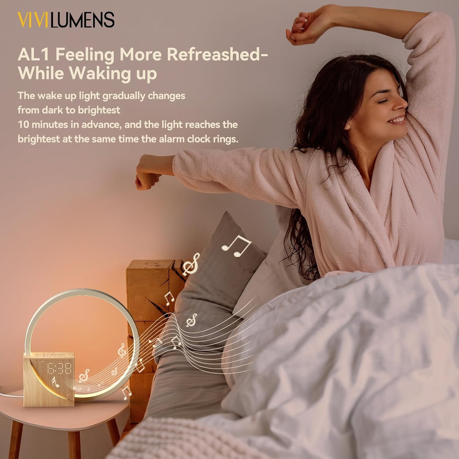 Sunrise Alarm Clock for Heavy Sleepers Adults, 10 White Noise Sound Machine with 30/60/90 Timer, Touch Dimmable Light with USB Charger Port,Wood Grain