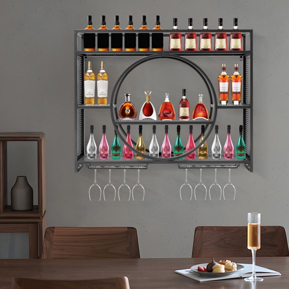 Wall Mounted Wine Rack Hanging Metal Storage Bottle Shelf Cabinet w/ Wine Glass Holder