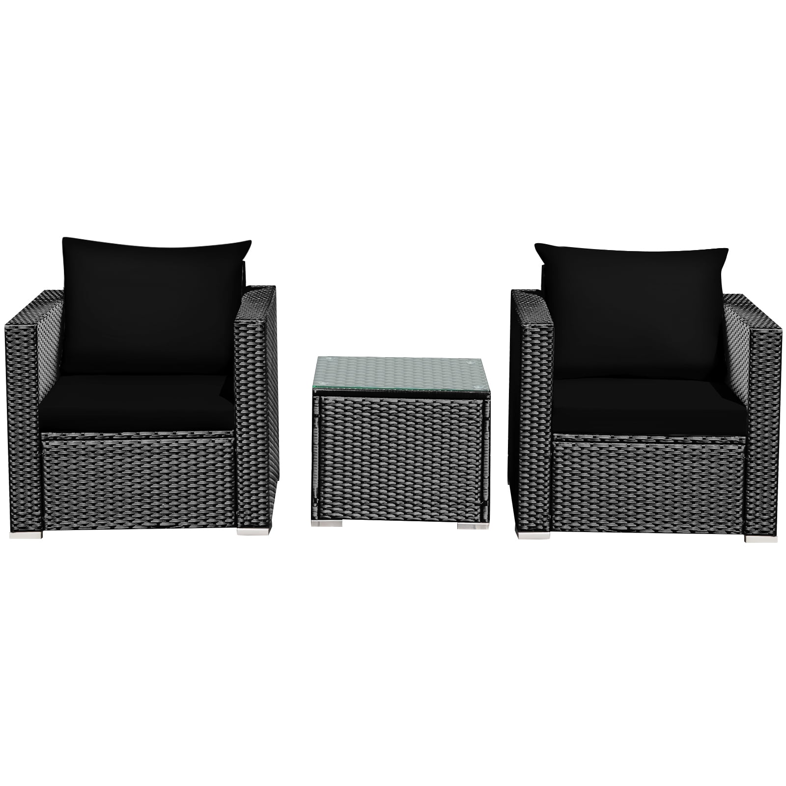 Patiojoy 3PCS Patio Rattan Furniture Conversation Set with 2 Cushioned Sofas & Coffee Table for Outdoor Black