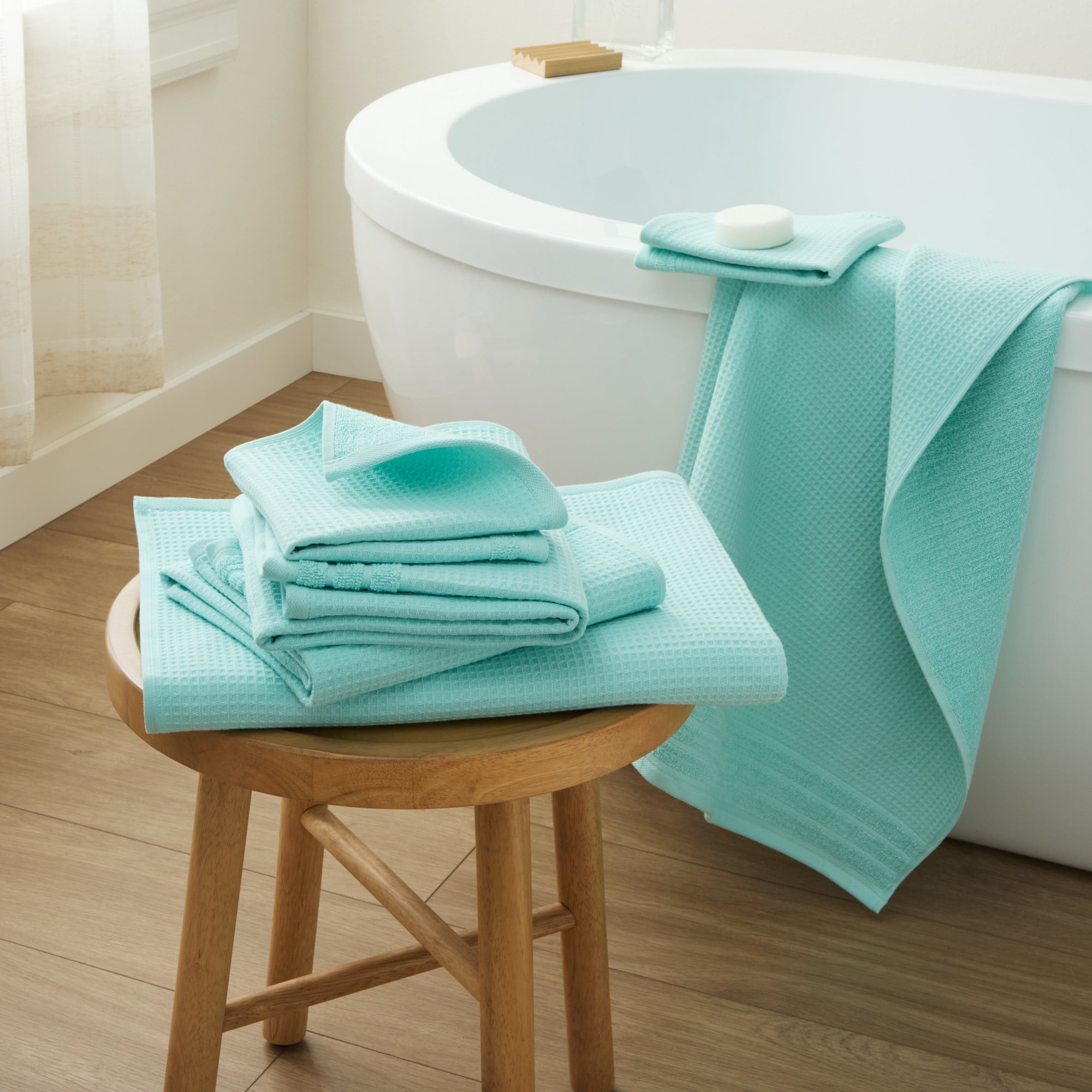 TOWN & COUNTRY BASICS 6-Piece Assorted Waffle Woven Terry Stripe Set, 2 Bath Towel, 2 Hand Towel, 2 Washcloth, 100% Cotton, Quick Dry, Aqua