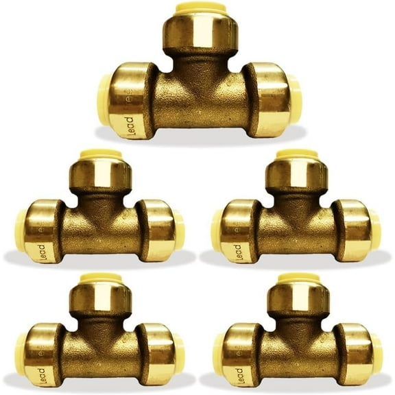 3/4 Inch Tee - Push Fit Plumbing Tee - Push to Connect Brass Plumbing Fittings - Fitting to Connect PEX, Copper, CPVC (Pack of 5)