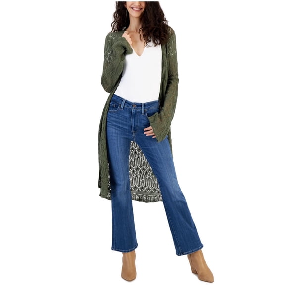 Hooked Up by IOT Womens Pointelle Bell Sleeve Duster Cardigan Sweater, ltpasgrn, Juniors, L