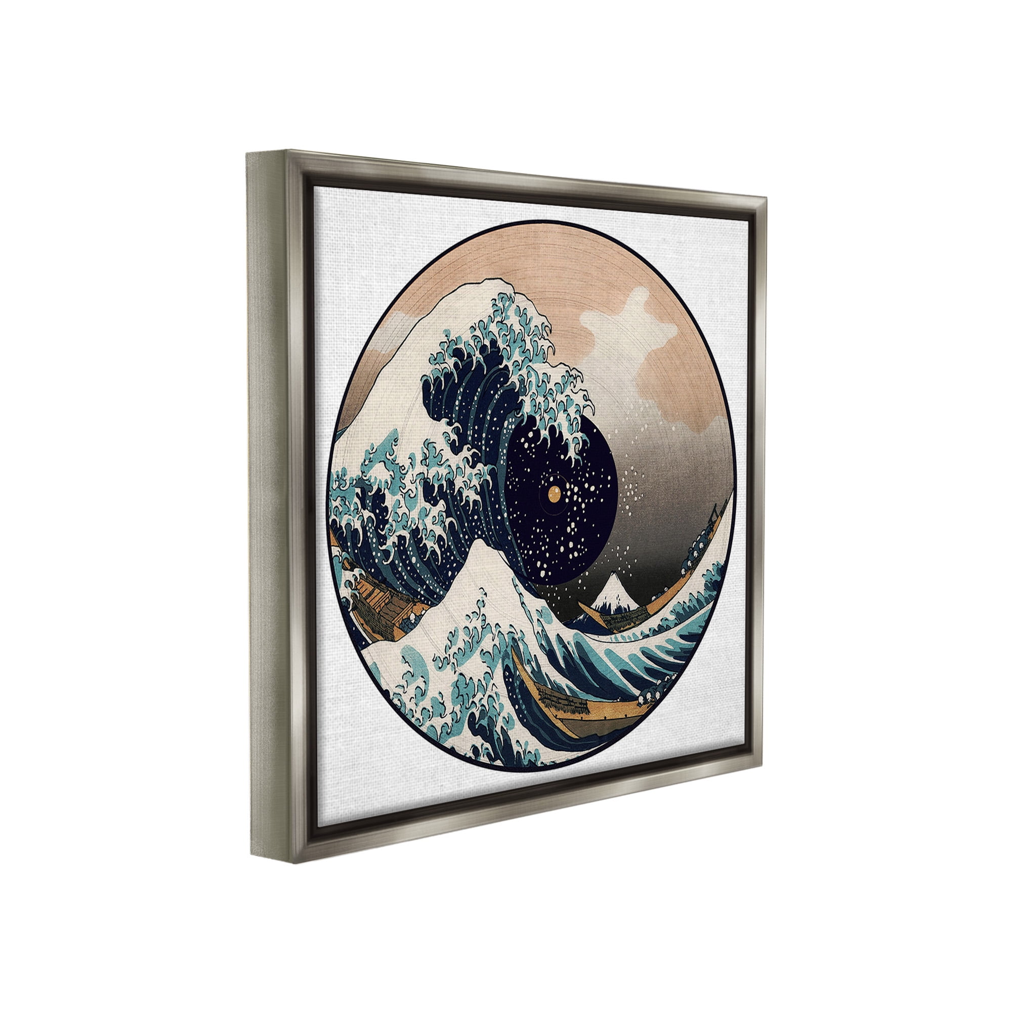 Stupell Industries Japanese Wave Music Record Landscape Painting Gray Floater Framed Canvas Art Print Wall Art, 18 x 18