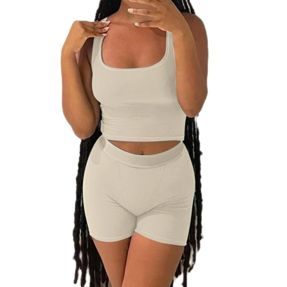 Baqcunre Womens Sweatpants Workout Sets Two Piece Outfits For Women Ribbed Crop Tank Top High Waist Leggings Active Wear Joggers Pants For Women Women'S Pants Beige L