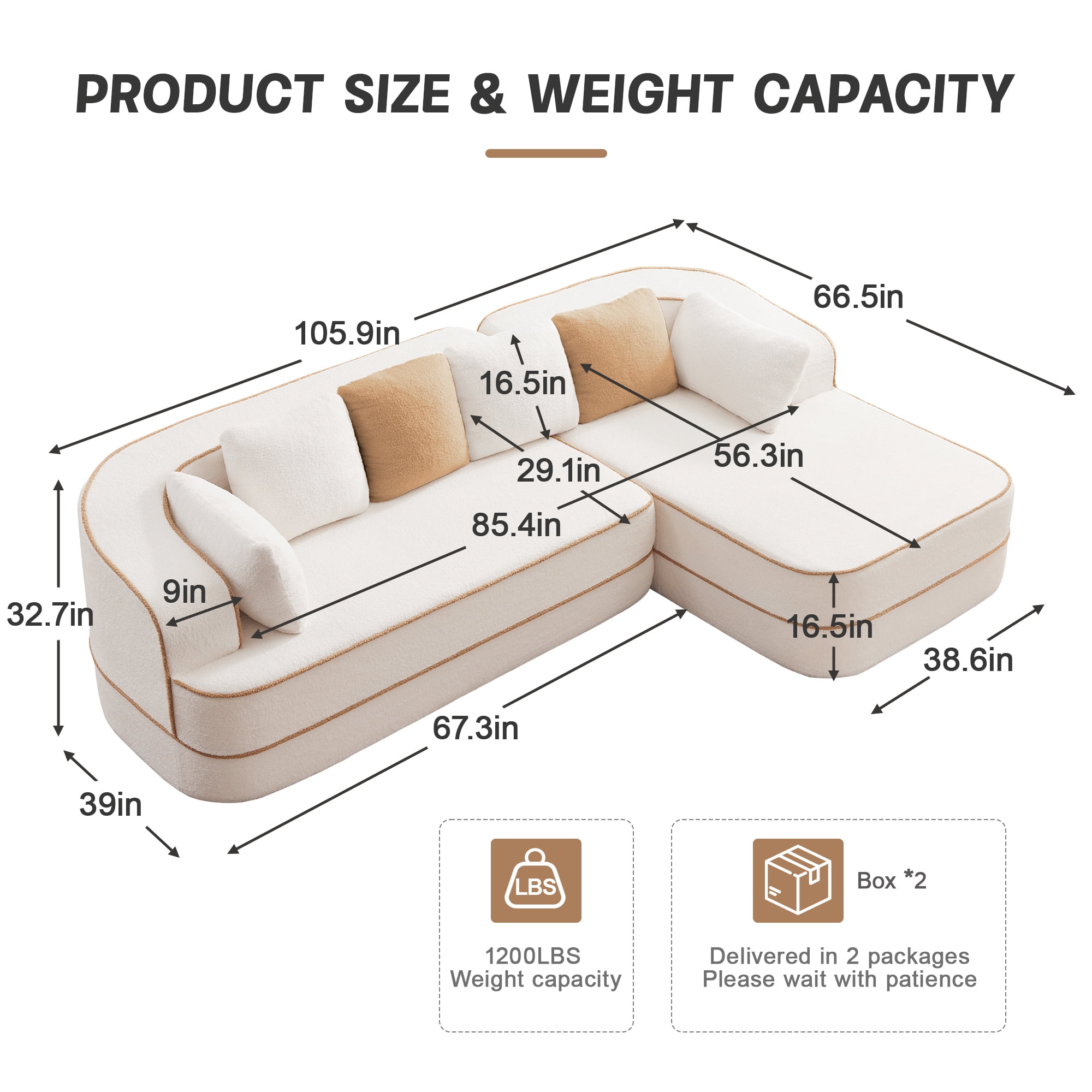 Alvantor 106"Cloud Sectional Couch with Chaise, L-Shape Teddy Fabric Boneless Sofa with Deep Seat, Modern 3-Seat Upholstered Sofa for Living Room,Left Black