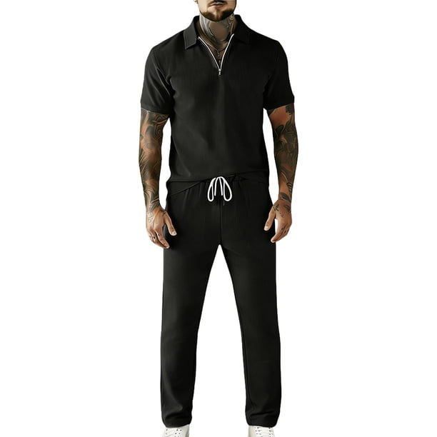 Pantalones de Cintura Elástica para Hombre Set Casual de Verano con Cremallera de Manga Corta Y Pantalones de Bolsillo con Cordón con Bolsillos de Cremallera para Hombres