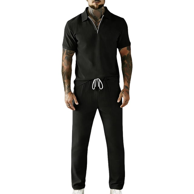 Pantalones de Cintura Elástica para Hombre Set Casual de Verano con Cremallera de Manga Corta Y Pantalones de Bolsillo con Cordón con Bolsillos de Cremallera para Hombres