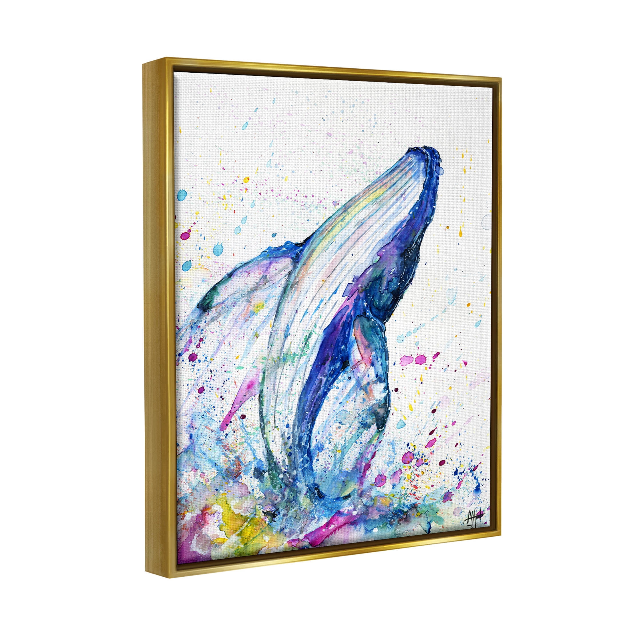 Splashing Whale Bubbles Marine Animals & Insects Graphic Art Metallic Gold Framed Art Print Wall Art