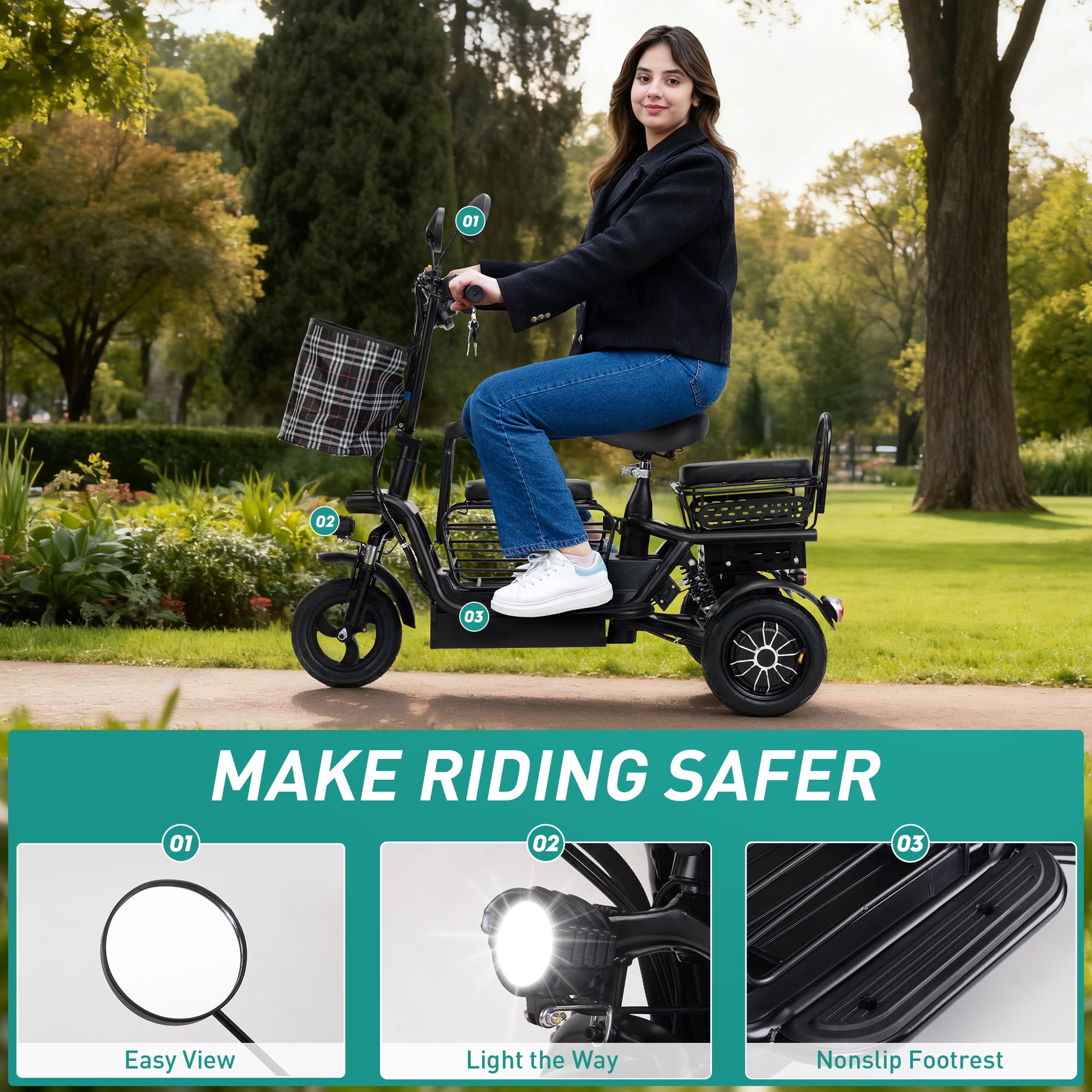 JAXPETY Folding Electric Tricycle, 3 Wheel Motorized Bicycle with 48V 400W Lithium Battery, for Men/Women/Kids, Perfect Spring Gift for Family, Black
