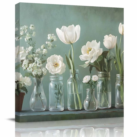 Summer White Floral Glass Bottles Canvas Artwork Painting Art, Green Minimalist Style Square Framed Wall Decorations Prints Picture for Bedroom Kitchen Living Room, 8x8 in