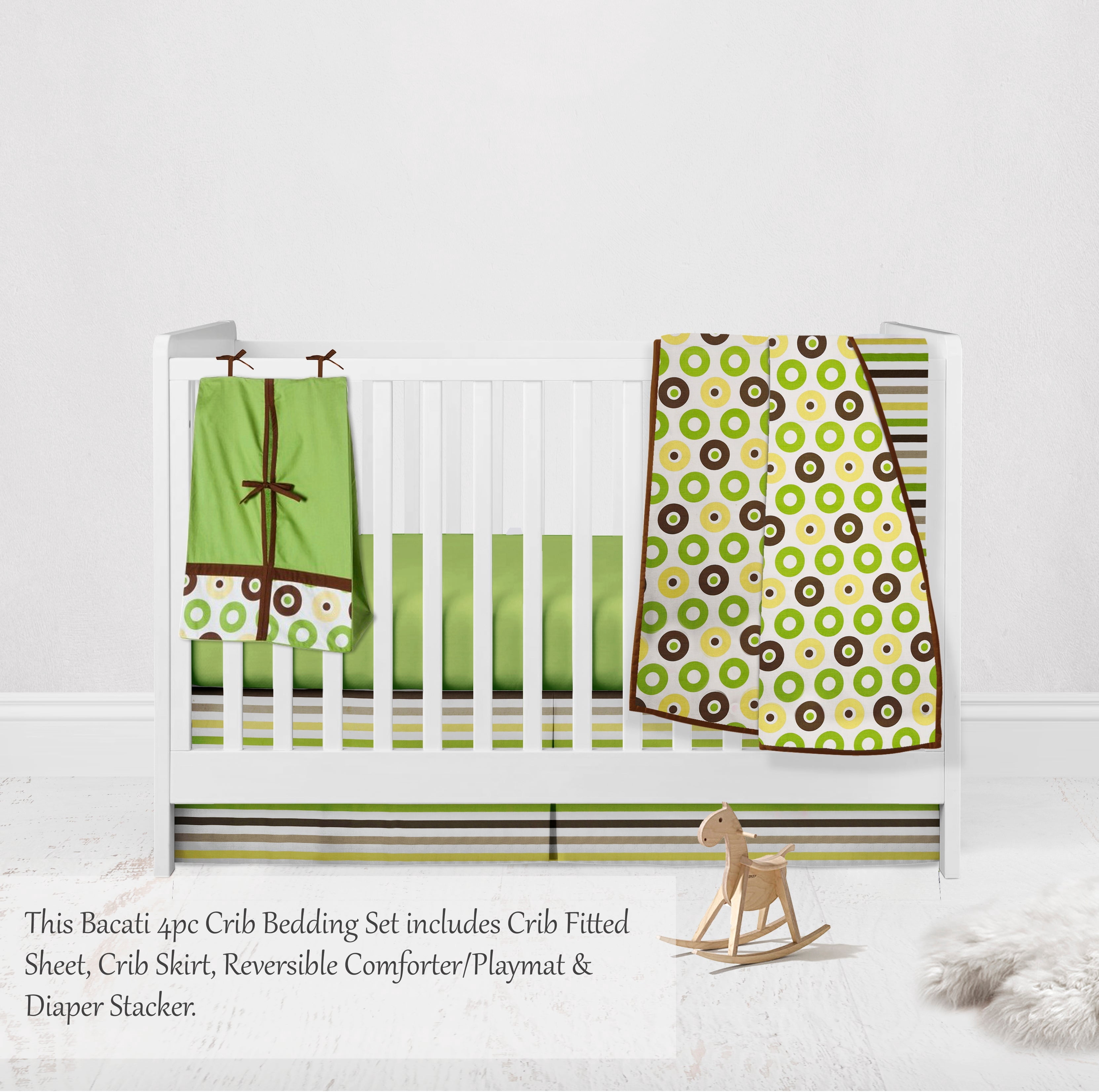Bacati - Mod Dots Stripes 4-Piece Crib Bedding Set with Diaper Stacker - Green/Yellow/Chocolate Unisex
