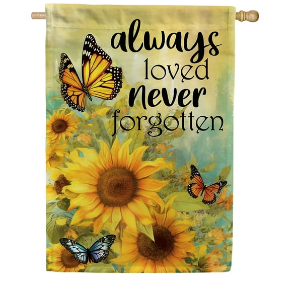 America Forever Always Loved Never Forgotten House Flag, 28 x 40 inches Double Sided, Sunflower Sympathy Decorations Funeral Gifts Bereavement Memorial Flags for Grave Outdoor Saying Cemetery Flag