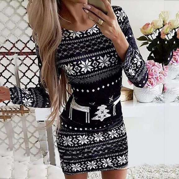BLTIBY Christmas Sweatshirt Dress for Women 2024 Xmas Print Autumn Winter Round Neck Casual Soft Long Sleeve Fashion Pullover Dresses Outfit Trendy Black S