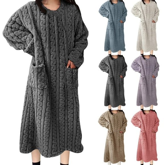 Lcziwo Womens Flannel Sleepdress Fuzzy Fleece Loose Fit Nightdress Winter Warm Crew Neck Pockets Nightgown 2026 White,L